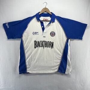 Vintage Bath Rugby Shirt Men's XL White Blue Blackthorn Embroidered spellout y2k